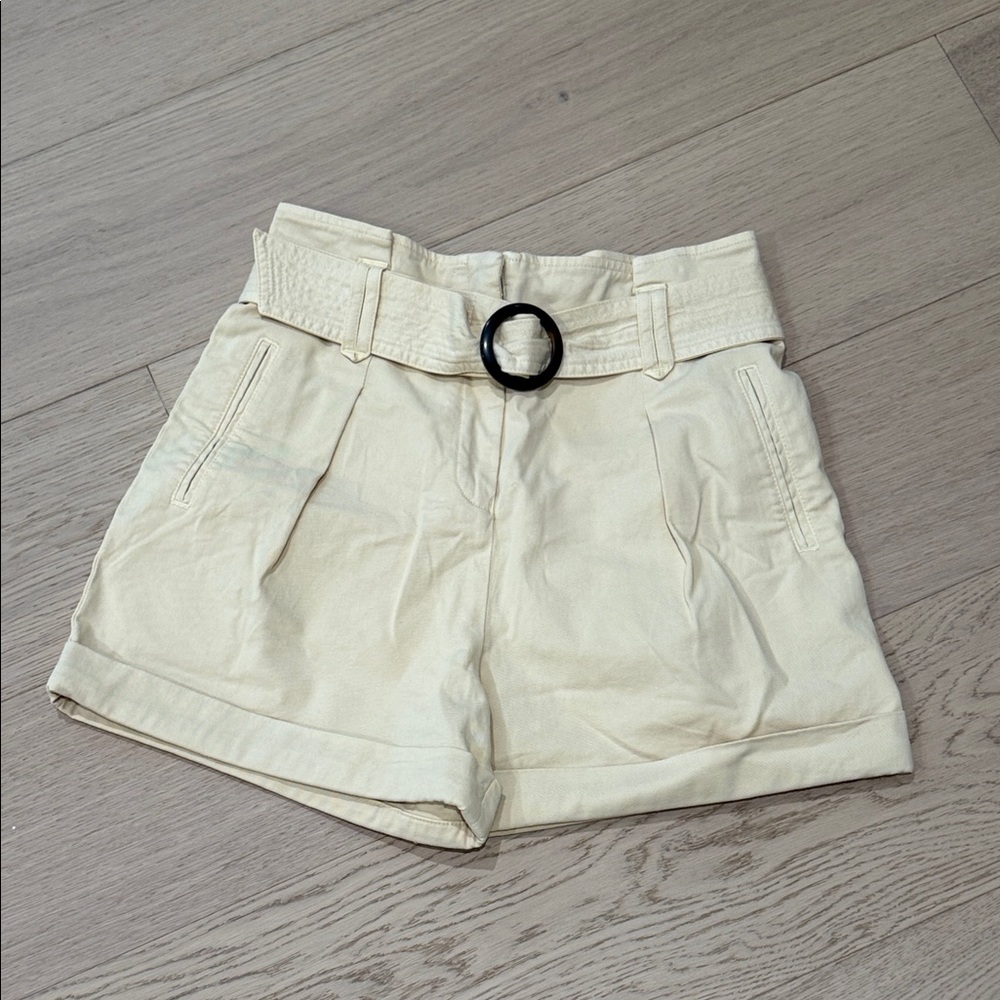 Sezane Cream High-Waist Belted Shorts with Round Buckle